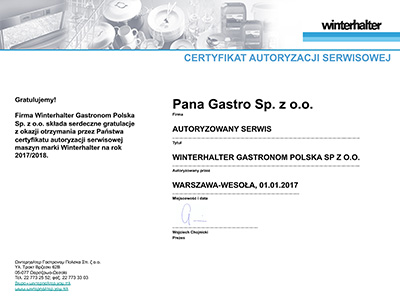 Winterhalter Certyfikat Serwisowy